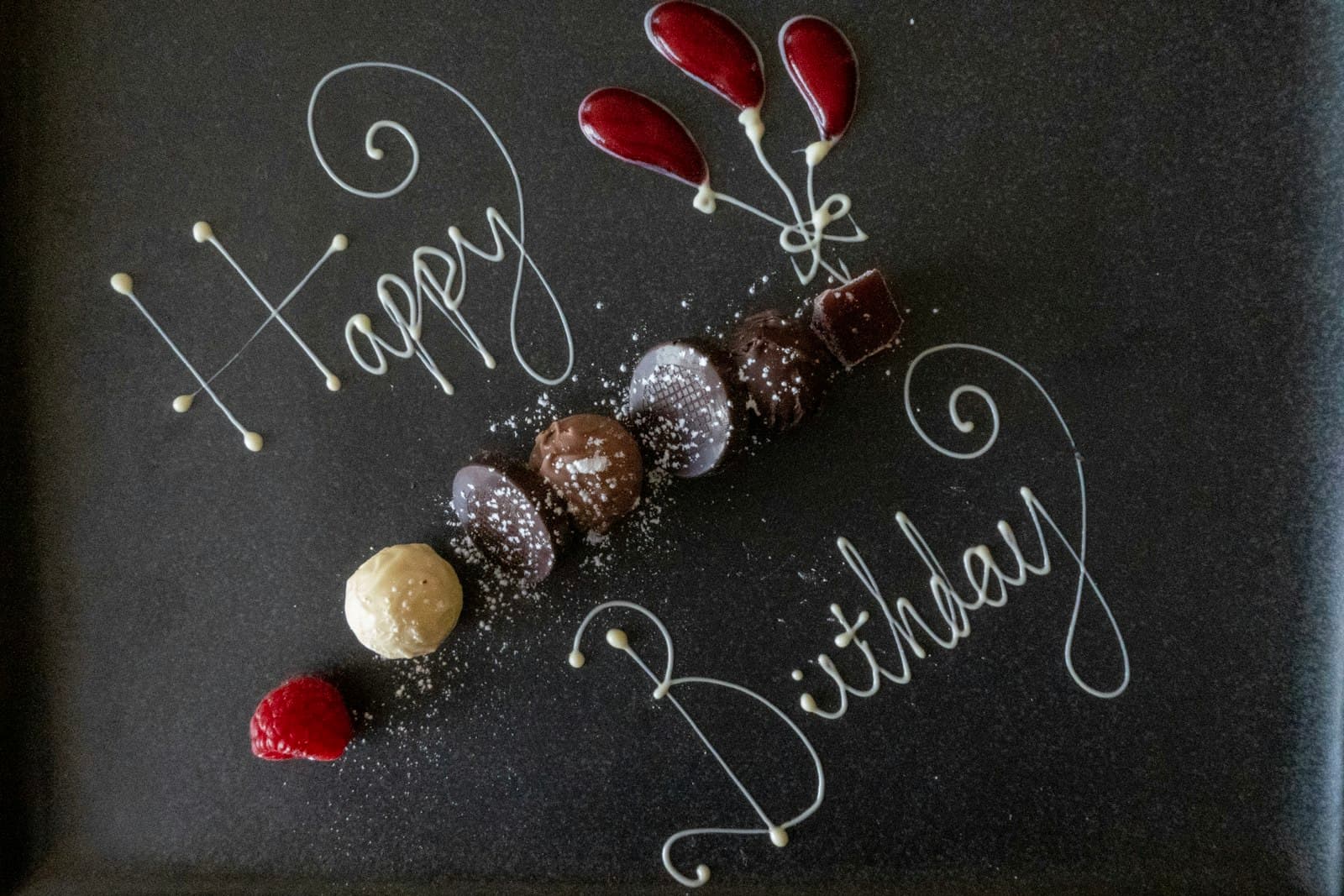 Hand-piped Happy Birthday dessert plate with truffles