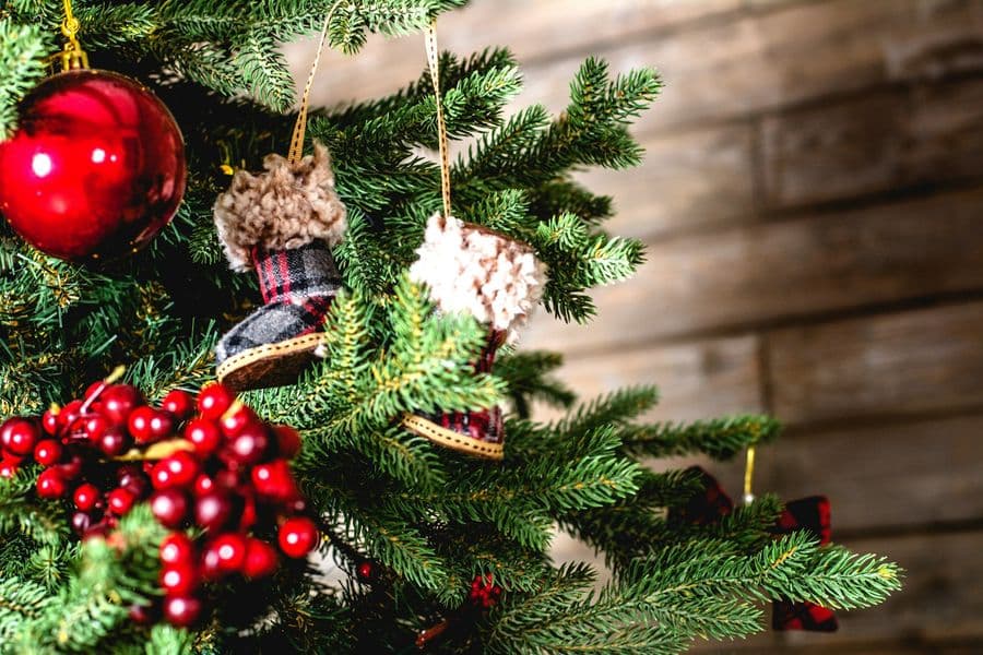 Christmas tree branches with red berries and ornaments